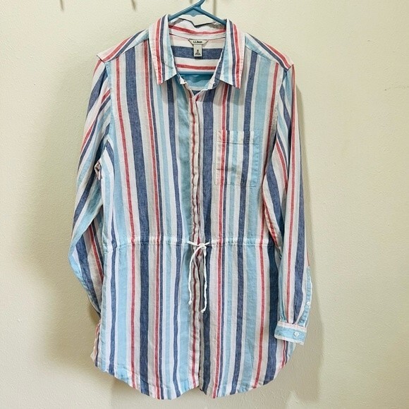 L.L. Bean Women's Premium Washable Linen Drawstring Tunic, Stripe Size Medium - Picture 3 of 14